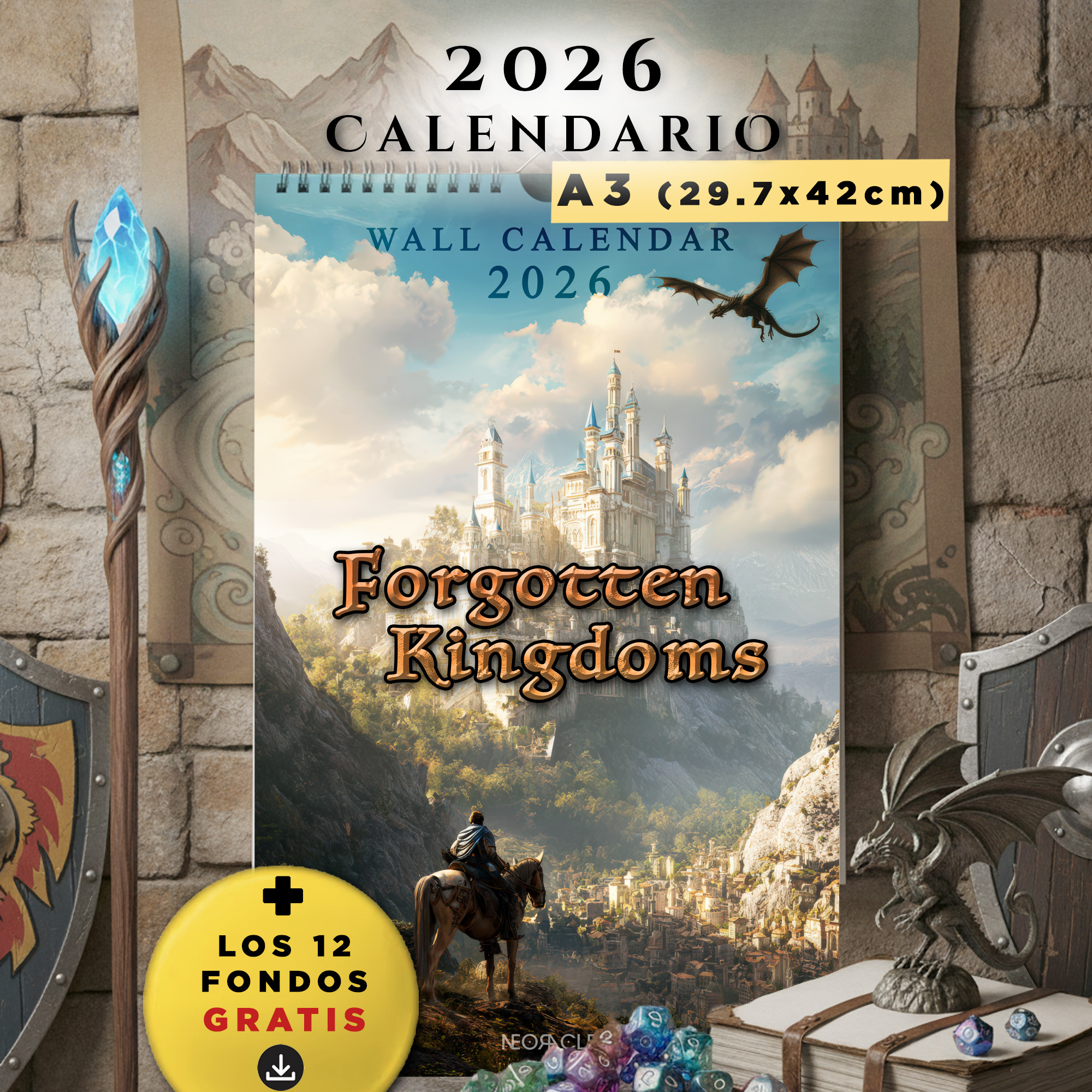 Calendario de pared 2026 A3 — Forgotten Kingdoms - Reinos épicos medieval y fantasía